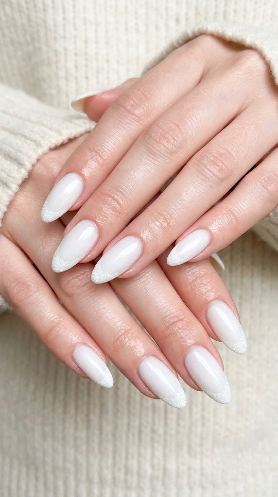 Linen-white almond nails with sugar-frosted tips, a soft take on September nail ideas.