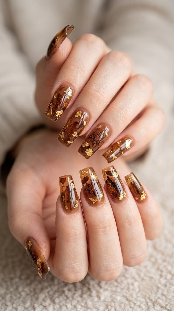 Smoked amber nails with cinnamon and star anise, spiced September nail colors