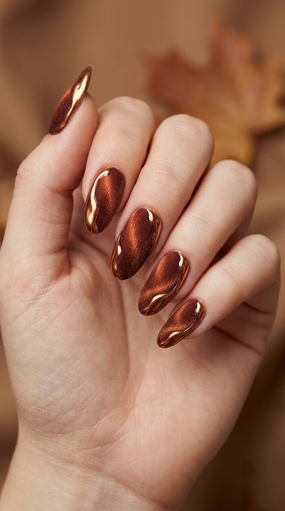 Tan velvet nails with molten copper cascade, warm fall nail colors