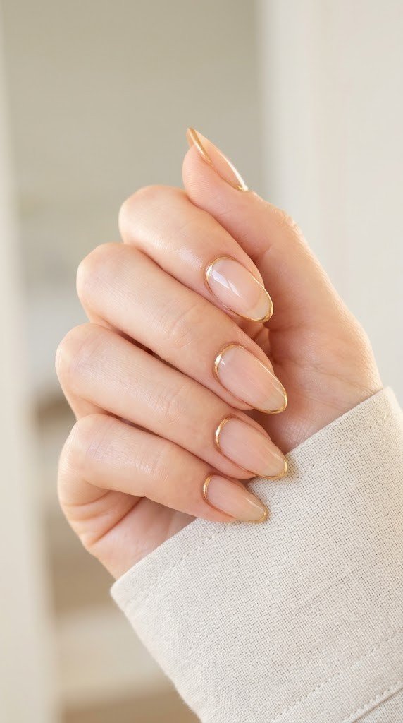 Glossy negative-space nails traced in honey-gold chrome, a classy nail designs favorite.