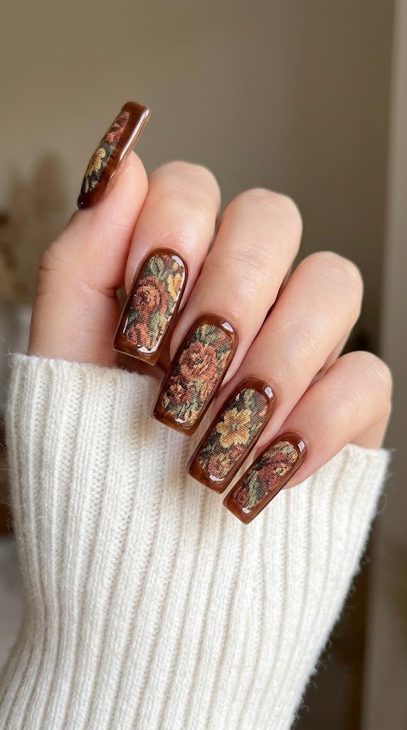 Woven tapestry nails with a glass border, textured autumn nail colors
