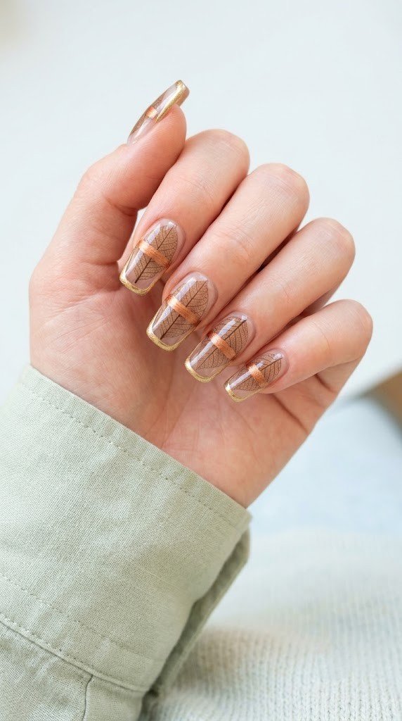Milky-nude nails get a single brushed copper stroke, a subtle spin on neutral fall nails.
