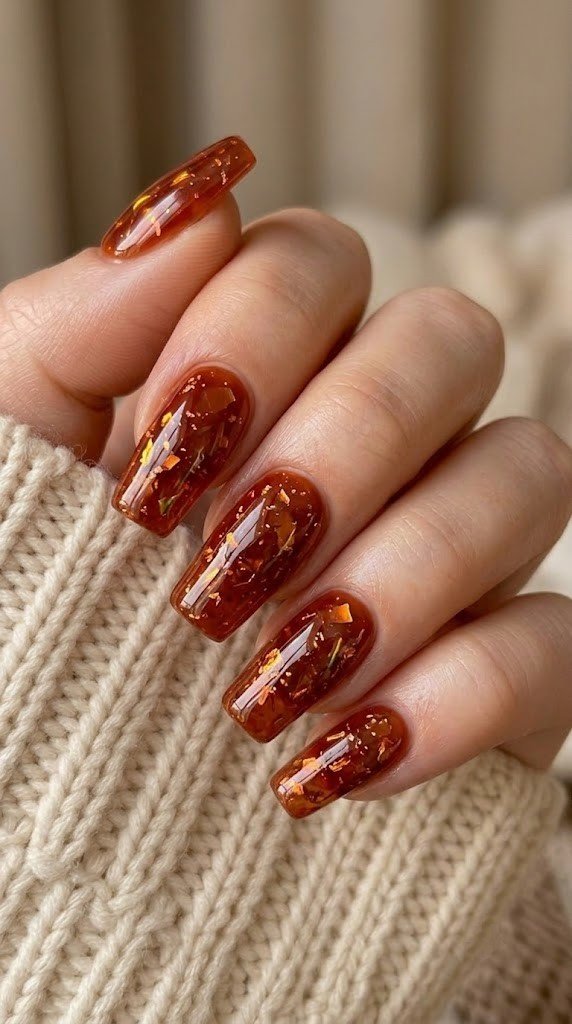 Spiced cider nails with amber glass shards, glowing September nail colors