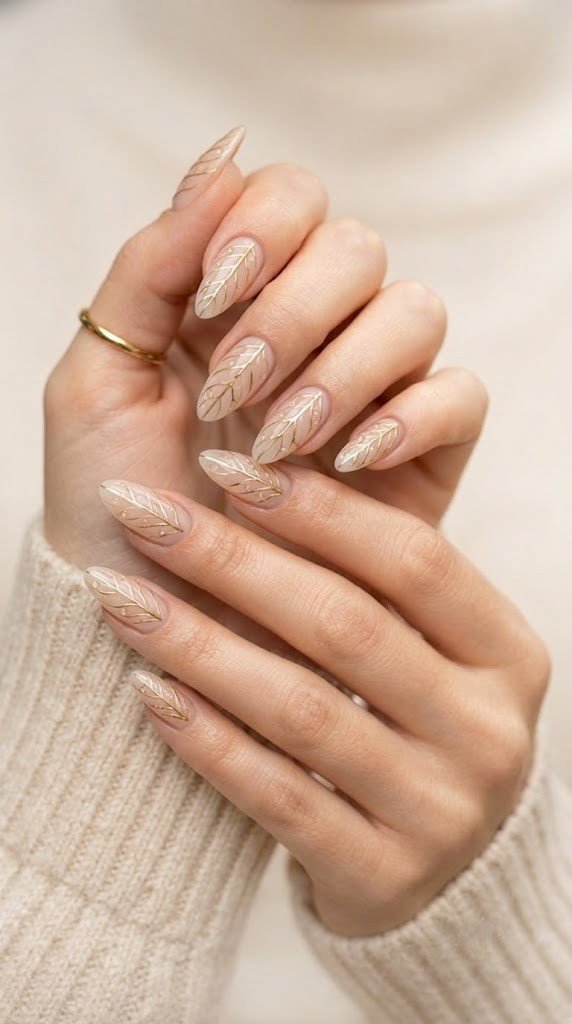 Liquid gold leaf veins trace a sheer nude base in this standout September nail ideas look.