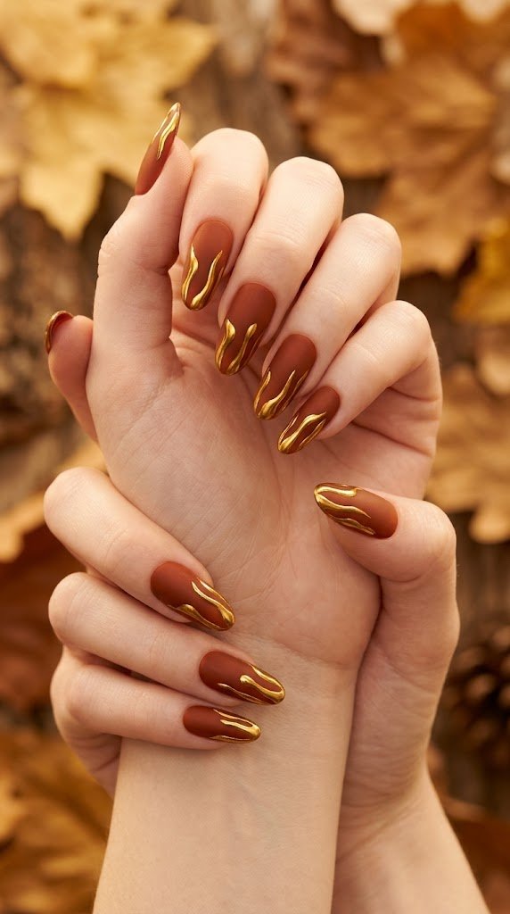 Matte ochre nails with liquid gold drips, a rich fall nail colors option