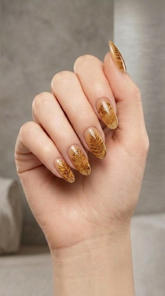 Fossilized fern art in liquid gold rests under honey-quartz gloss, pure minimalist nail art.