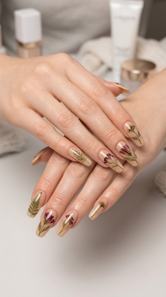 Sage stems and burgundy petals sit pressed beneath an oat-milk gloss, elegant minimalist nails.