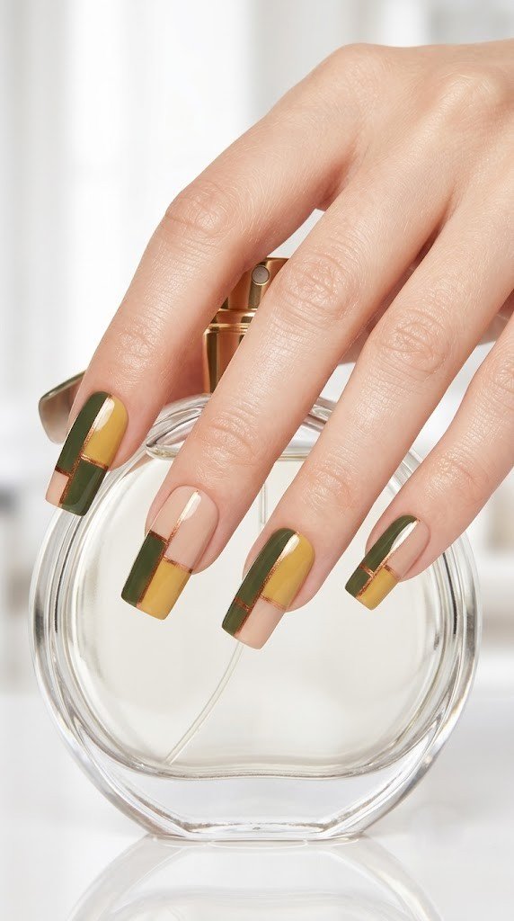 Olive, mustard, and nude blocks meet along copper lines, a bold classy September nail designs idea..