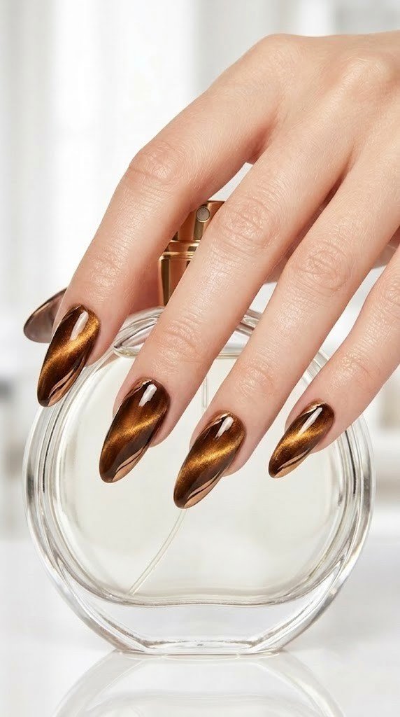 Chestnut nails with a bronze tiger's-eye shimmer, warm autumn nail colors