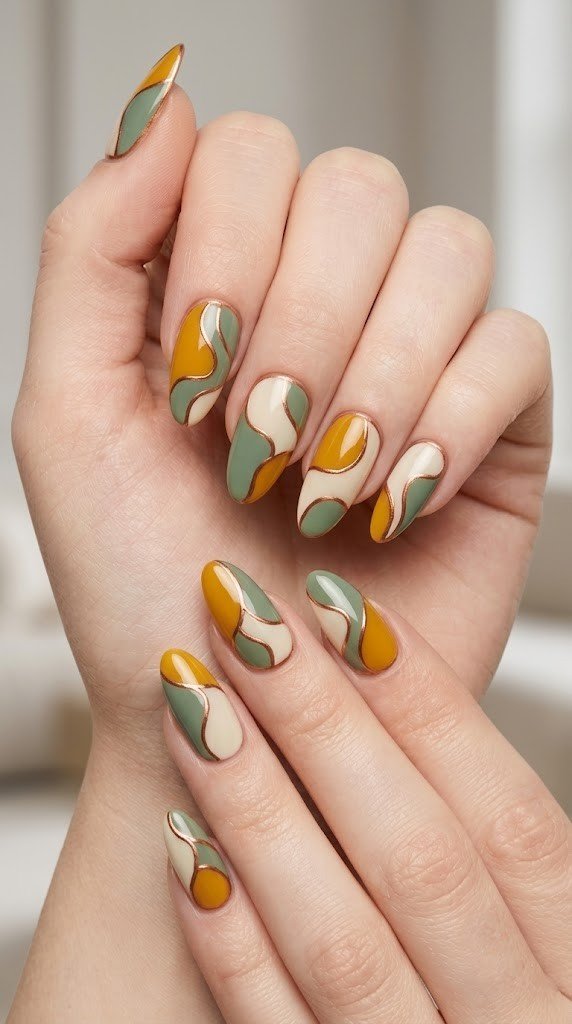 Ochre, sage, and ivory shapes lock together with copper outlines, true classy nail designs style.