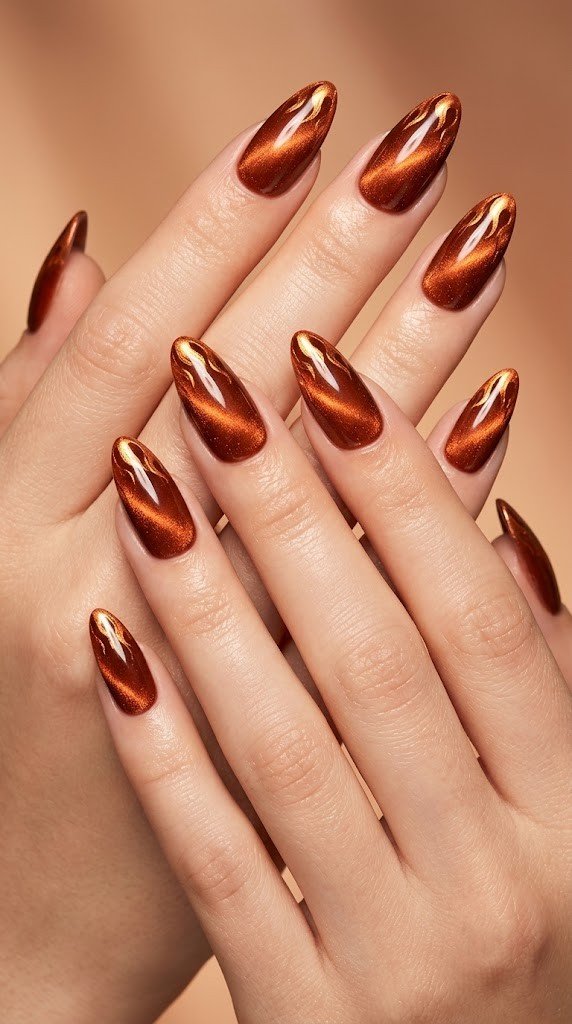 Burnt terracotta nails with copper flame strokes, warm fall nail colors done right
