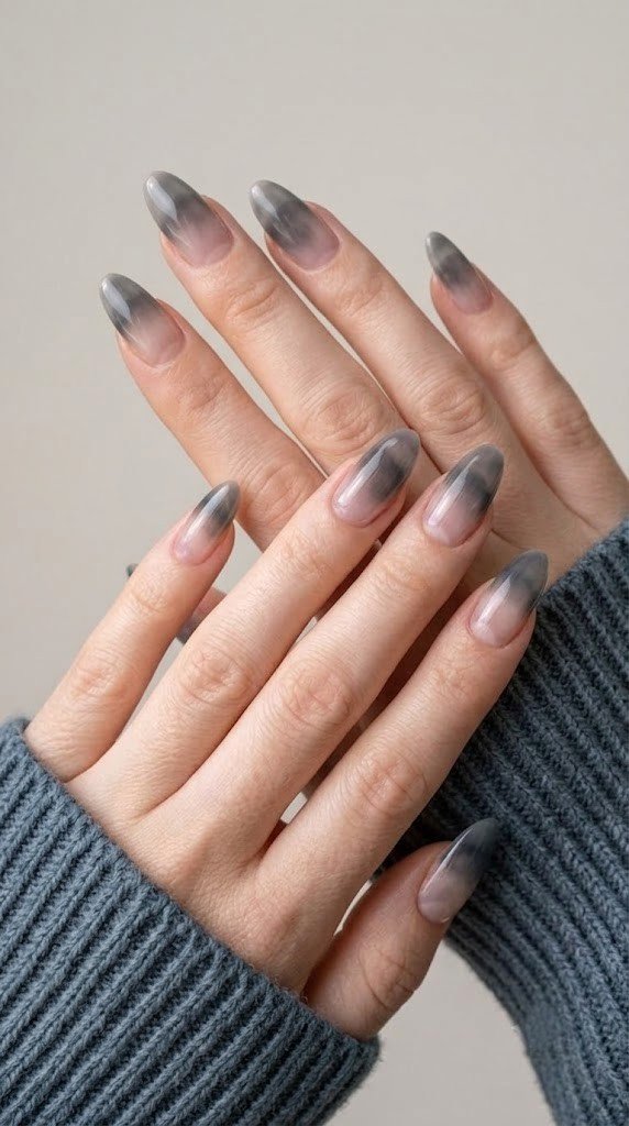 Clear glass nails fade into a smoky charcoal mist, a foggy twist on neutral fall nails.