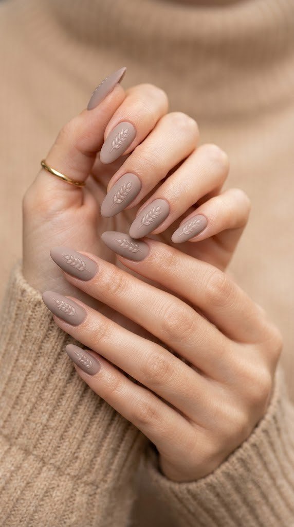 A raised gel wheat stalk sits on soft taupe nails, a harvest nod within minimalist nail art.