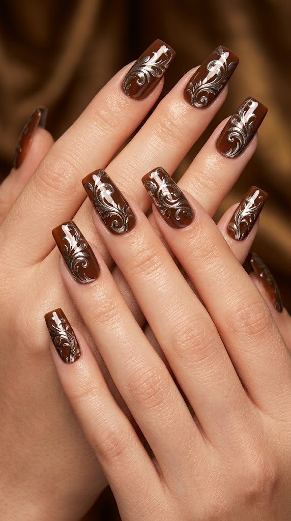 Toffee brown nails with platinum baroque vines, dressed-up fall nail colors