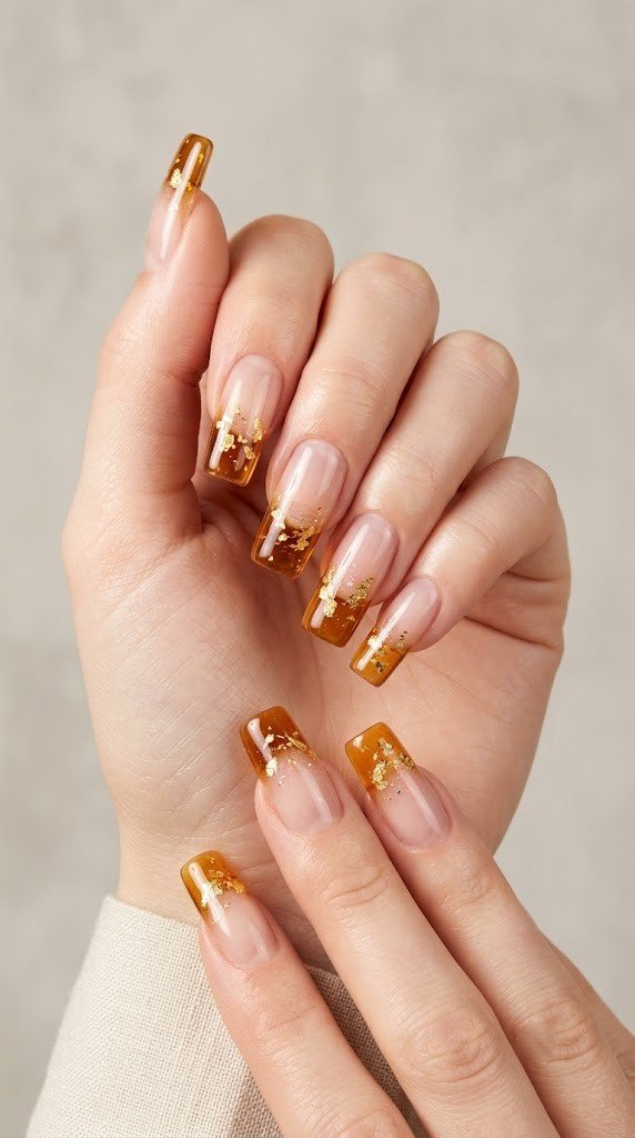 Amber overlay and gold leaf flecks gather at the tips, a coastal-luxe classy nail designs pick.