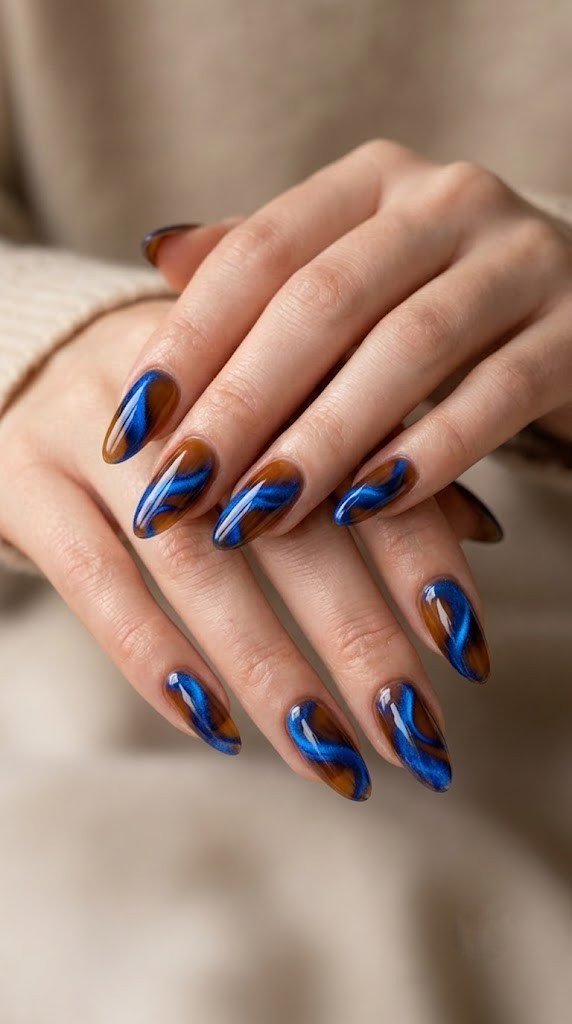 Molten caramel nails swirled with sapphire blue, unexpected fall nail colors