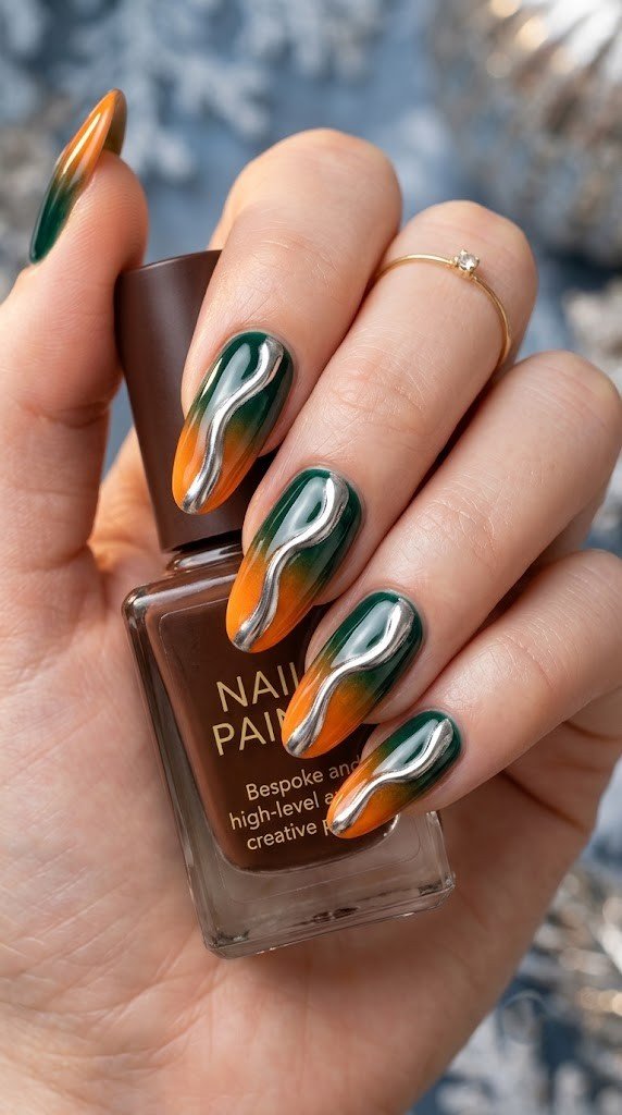 Emerald to pumpkin chrome ripple nails, a top September nail colors pick