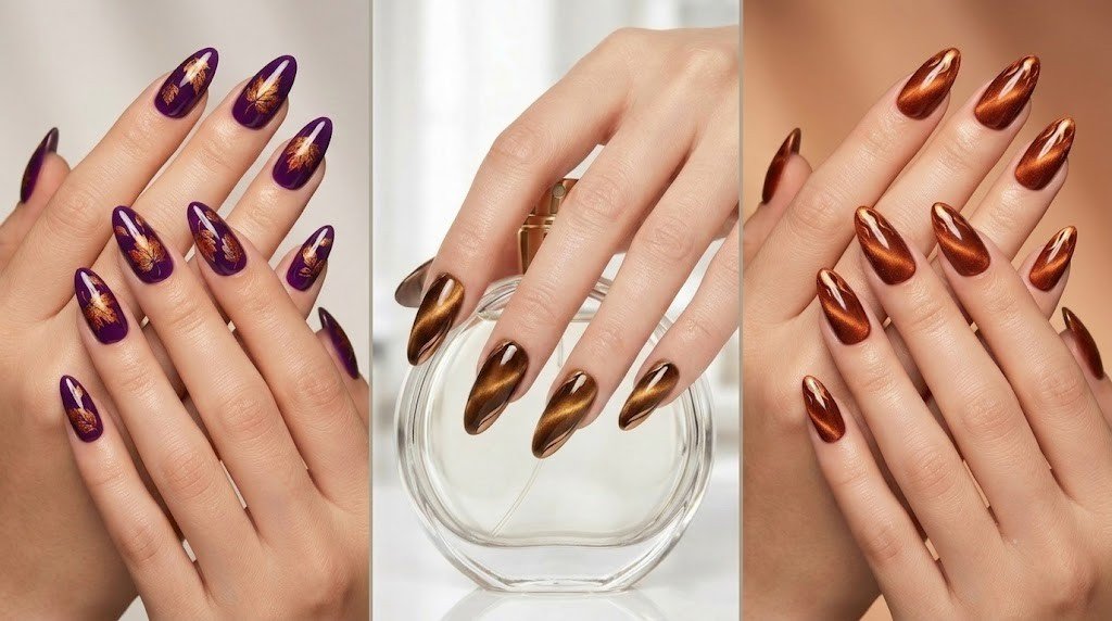 Fig plum, tiger's-eye, and copper chrome nails from our September nail colors edit.