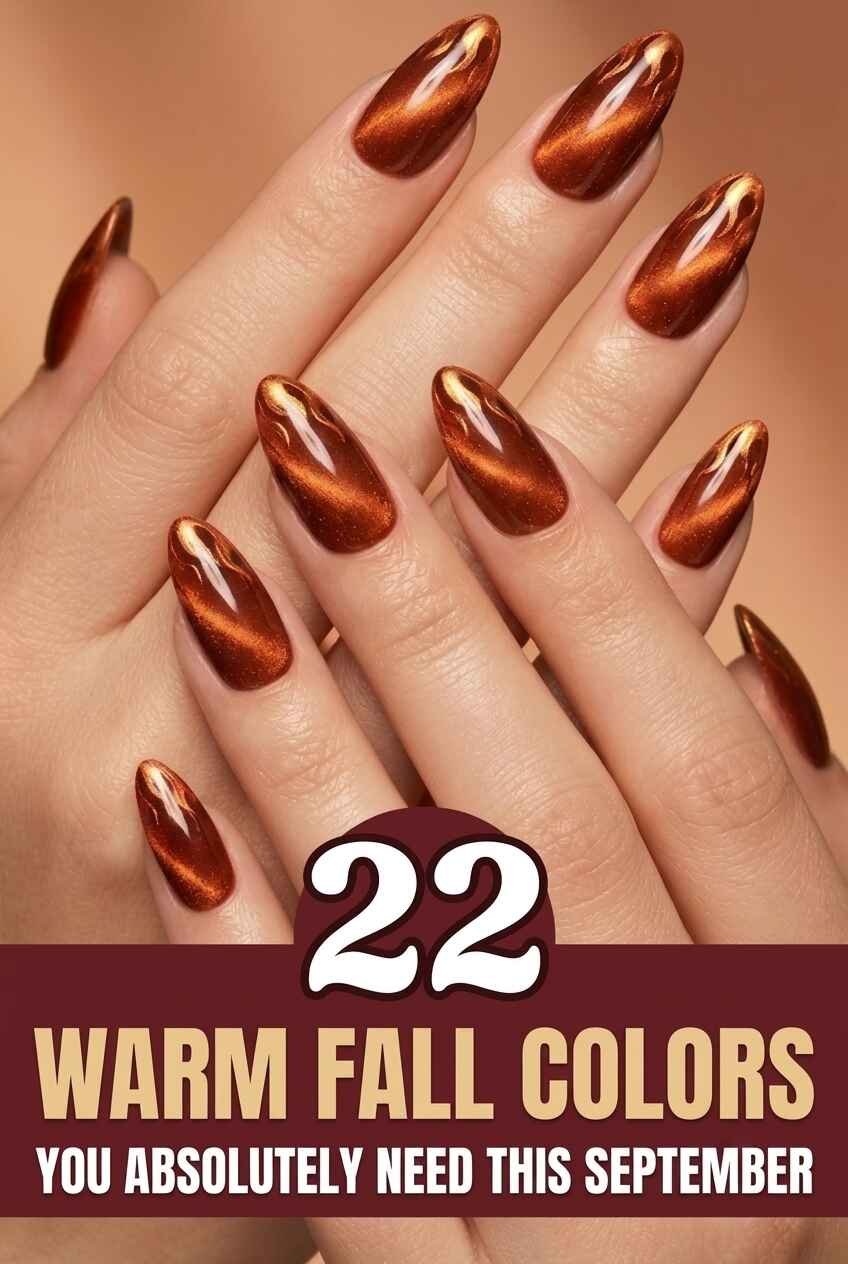 22 warm September nail colors pin featuring burnt copper chrome cat-eye nails.